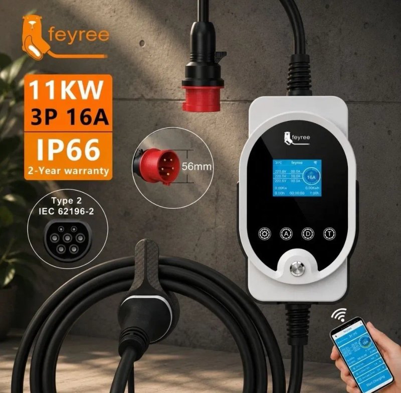 Зарядний пристрій wallbox  Feyree 11 кВт 16А 3 фази Type 2 Wi-Fi / Bluetooth | CEE 16A | Регулювання 8/10/13/16А | IP66 | Портативна зарядка для елект