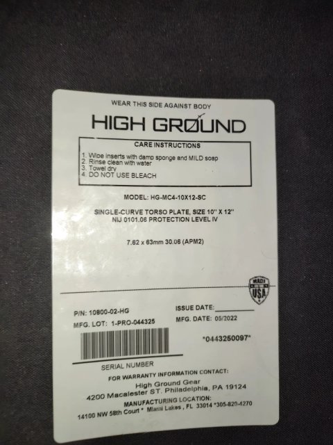 Бронеплита High Ground HG-MC4-10X12-SC