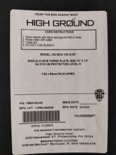 Бронеплита High Ground HG-MC4-10X12-SC Level IV